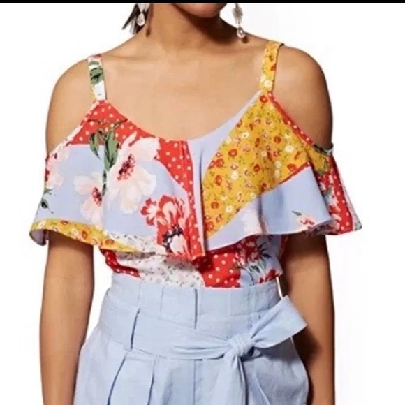 Cold Shoulder Ruffle Floral Mixed Print Blouse - Picture 2 of 3